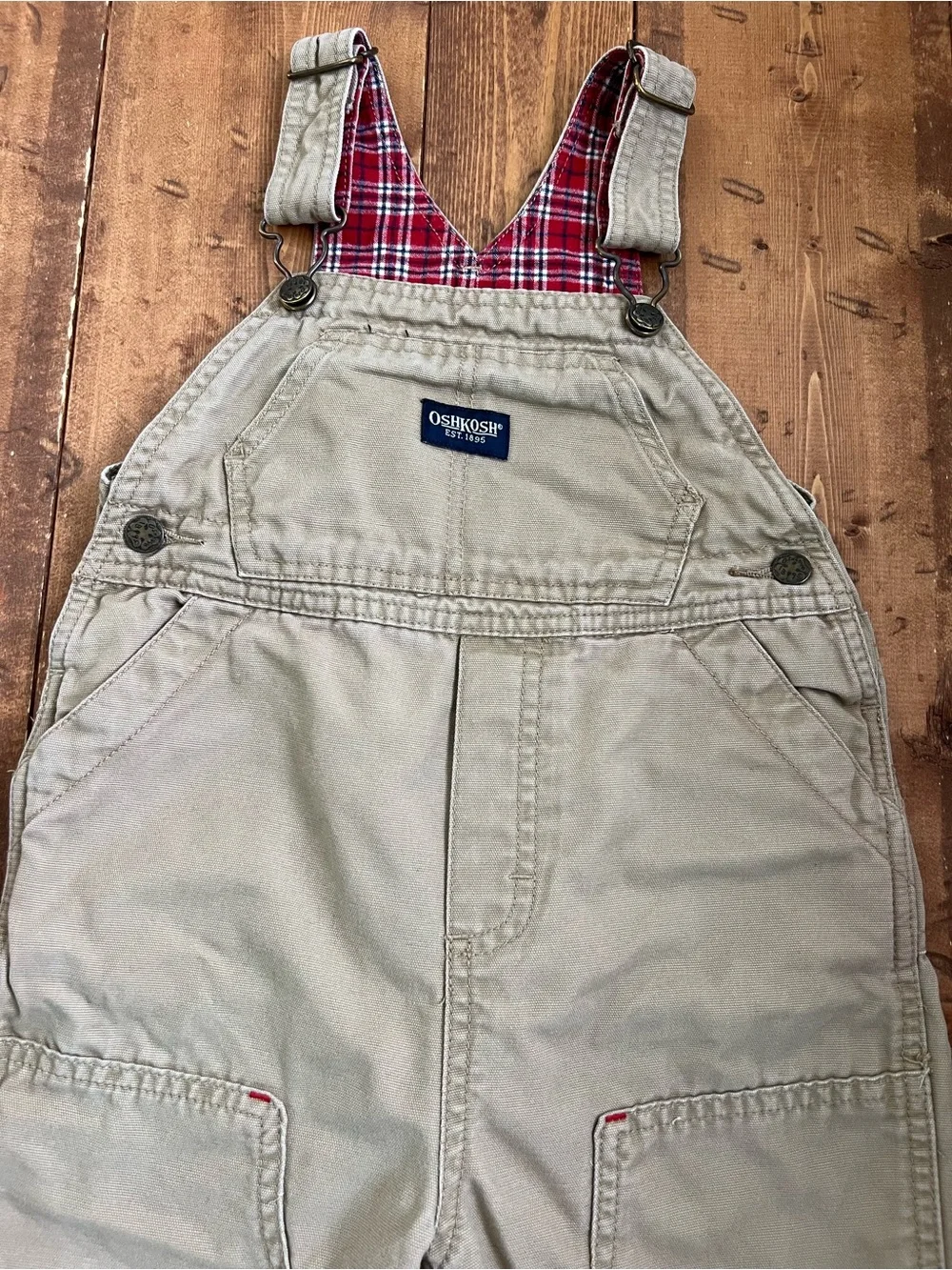 OshKosh B’Gosh Canvas Overalls 24 Months Tan 100% Cotton Plaid Trim